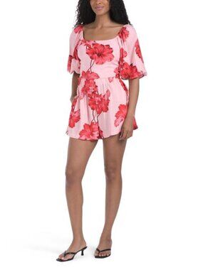 PAPERHEART 2pc Linen Blend Hibiscus Puff Sleeve Top And Shorts Set